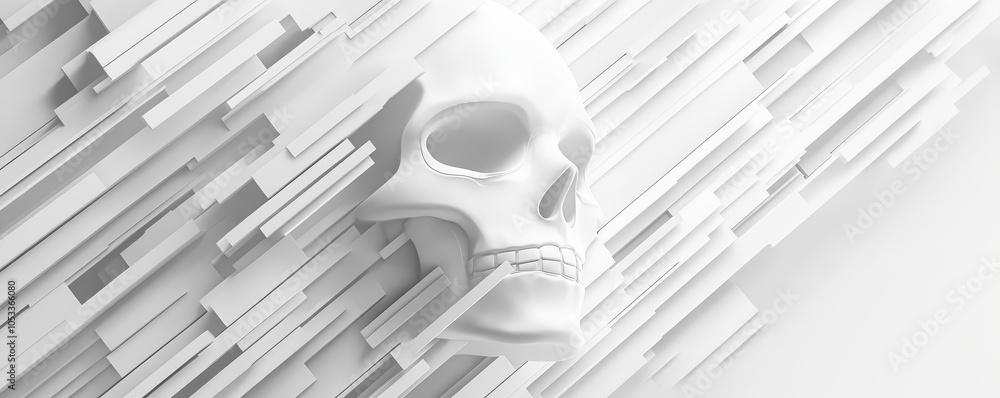 A sleek, white skull is mounted on a textured background of layered shapes in monochromatic tones, creating a striking visual contrast. A sleek, white skull is mounted on a textured background of layered shapes in monochromatic tones, creating a striking visual contrast.