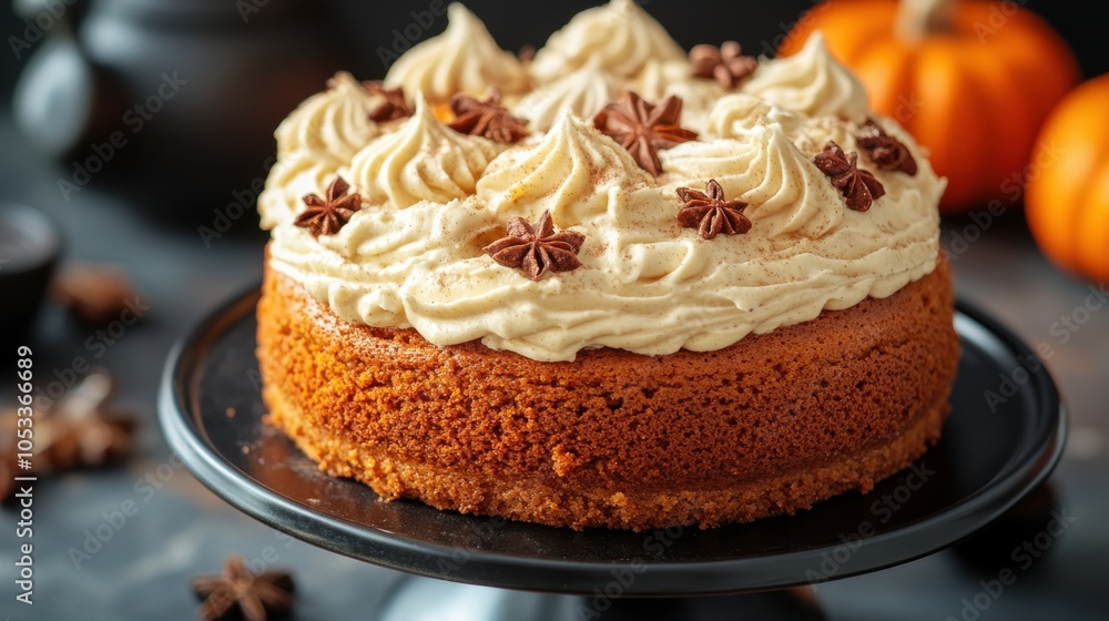 Freshly baked pumpkin spice cake with frosting Freshly baked pumpkin spice cake with frosting