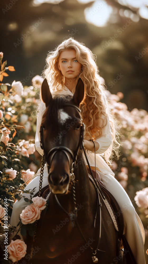 Obraz premium beautiful woman with long blonde curly hair and blue eyes is riding a horse through a beautiful rose garden