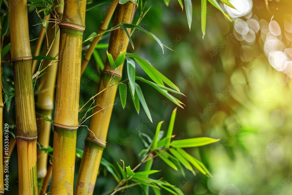Golden bamboo stalks bathed in warm sunlight are growing in a lush forest Golden bamboo stalks bathed in warm sunlight are growing in a lush forest