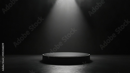 Glossy black podium with a sleek design, spotlighted in a dark room.