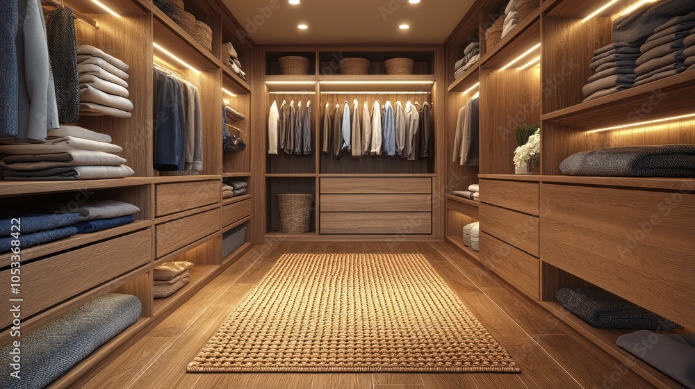Modern walk-in closet with sleek built-in shelves, organized spaces, and soft lighting. Modern walk-in closet with sleek built-in shelves, organized spaces, and soft lighting.