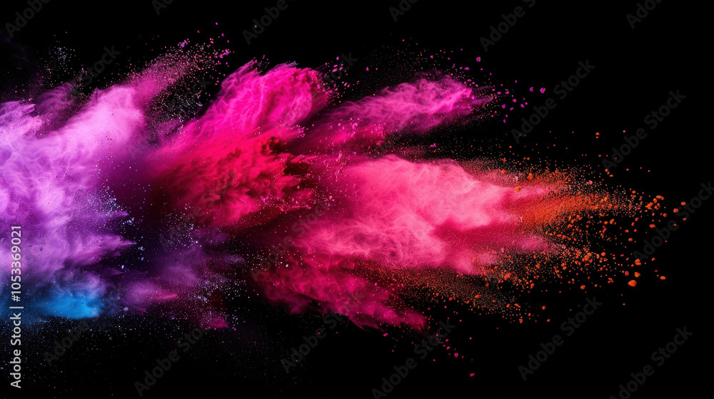 Vivid multicolor powder dust explosion on black background creates dynamic and energetic visual effect. vibrant hues blend beautifully, evoking sense of creativity and excitement Vivid multicolor powder dust explosion on black background creates dynamic and energetic visual effect. vibrant hues blend beautifully, evoking sense of creativity and excitement