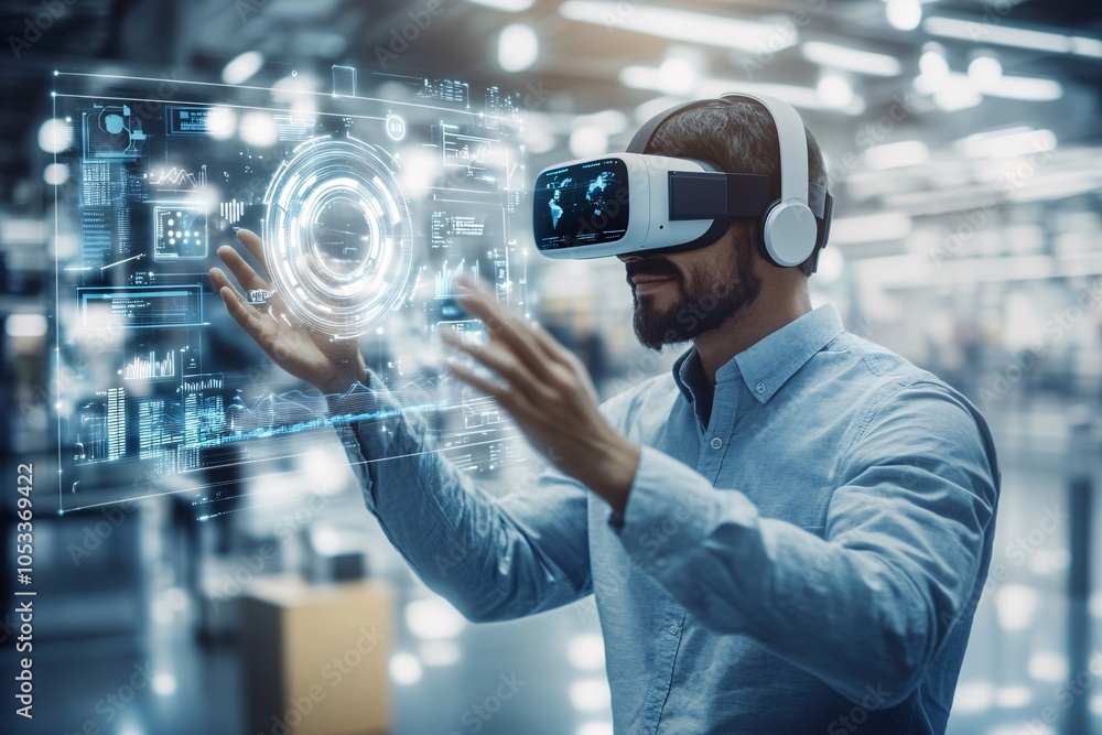 Man Using VR Headset to Interact with Digital Interface Man Using VR Headset to Interact with Digital Interface