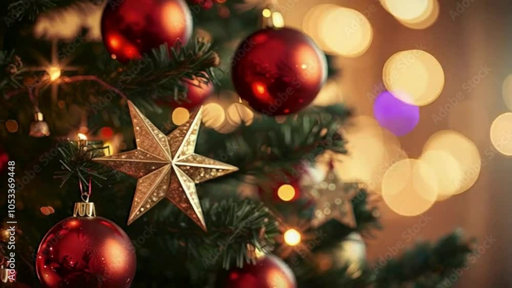 Close-Up of a Christmas Tree Decorated with Red Ornaments and a Gold Star Close-Up of a Christmas Tree Decorated with Red Ornaments and a Gold Star
