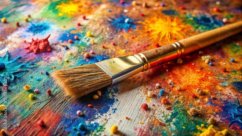 Obraz premium Artistic palette with vibrant paint splashes and brush, colorful creative background, copy space for design
