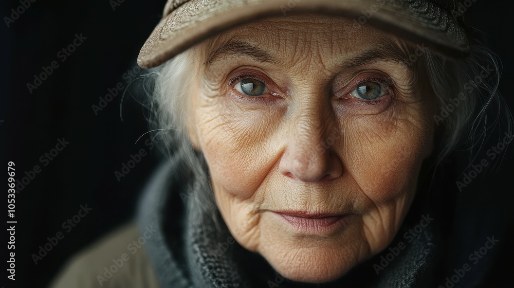 Elderly American woman with a baseball cap and a warm expression. Elderly American woman with a baseball cap and a warm expression.