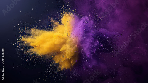 Vibrant yellow and purple powder dust explosion creates stunning visual effect against dark background, showcasing dynamic movement and energy