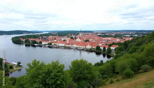  Tranquil waterside town under a clear sky