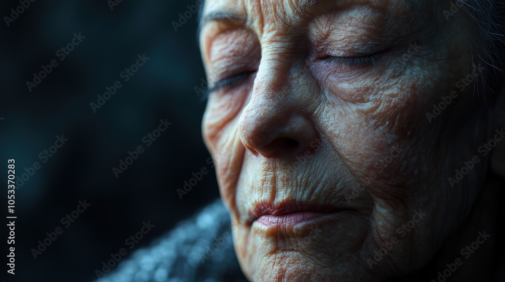 Obraz premium An elderly woman sits in quiet contemplation, her face illuminated by soft light. The intricate details of her features reveal a life rich in experience and emotion, evoking a sense of introspection.