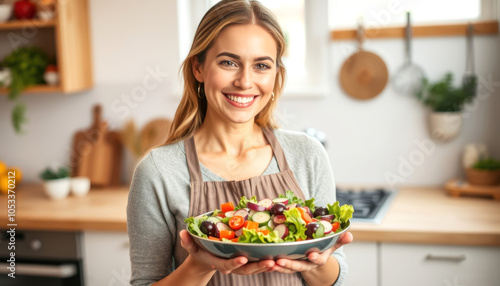 smiling woman preparing salad in kitchen