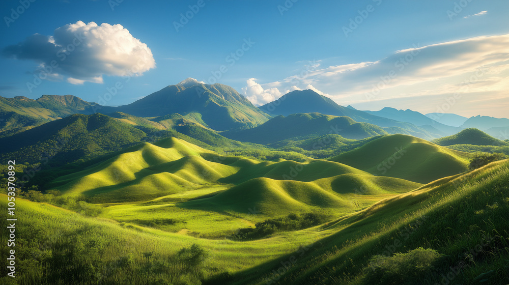 Tranquil Valley with Rolling Hills and Mountains Tranquil Valley with Rolling Hills and Mountains