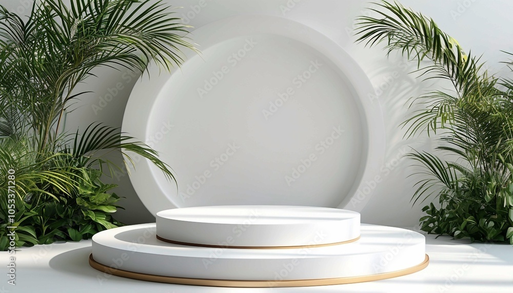 elegant presentation podium with potted plants and white background suited for organic branding elegant presentation podium with potted plants and white background suited for organic branding