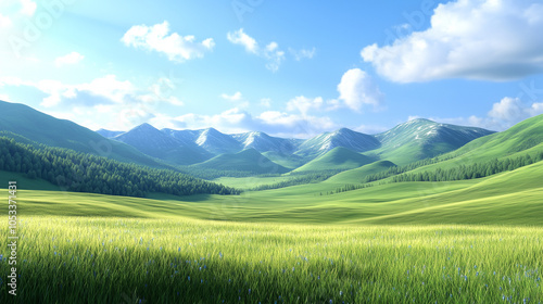 Tranquil Valley with Rolling Hills and Mountains