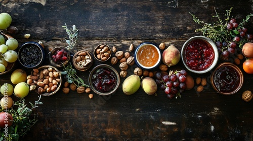 Autumn Harvest Variety of Homemade Jams, Fruits, and Nuts on Rustic Wooden Table