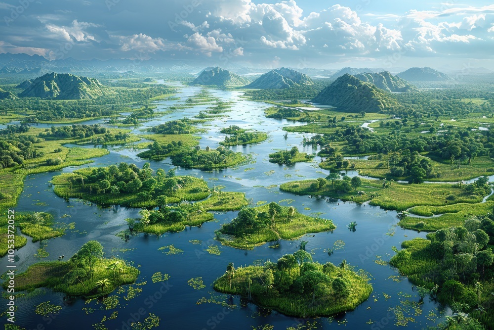 Naklejka premium Aerial view lagoon surrounded green islands and coral reefs sandbar