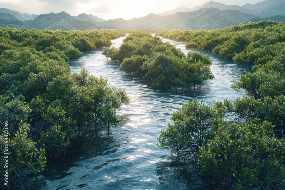 Aerial view lagoon surrounded green islands and coral reefs sandbar