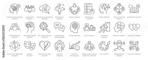 Psychotherapy Types line icon set. Vector pictograms of therapy methods, approaches, mental health treatments, cognitive, behavioral, humanistic, positive psychology gestalt thin linear illustration.