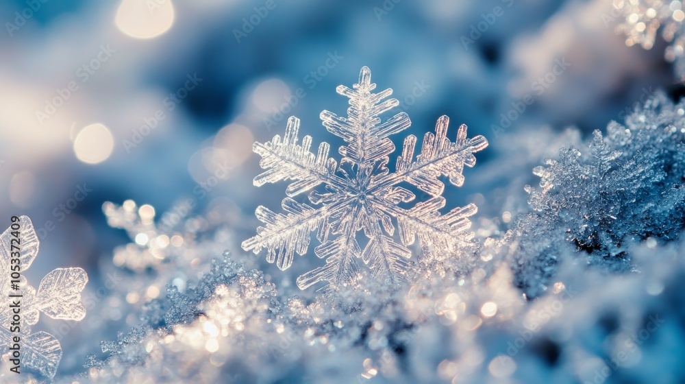 A snowflake is on top of a snow covered ground A snowflake is on top of a snow covered ground