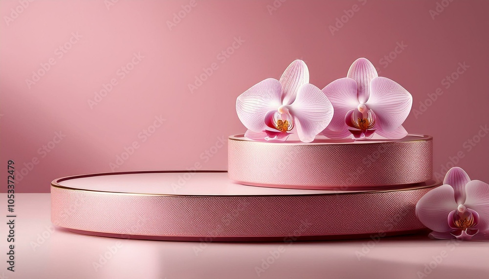 Decorative podiums with beautiful orchid flower on pink background Decorative podiums with beautiful orchid flower on pink background