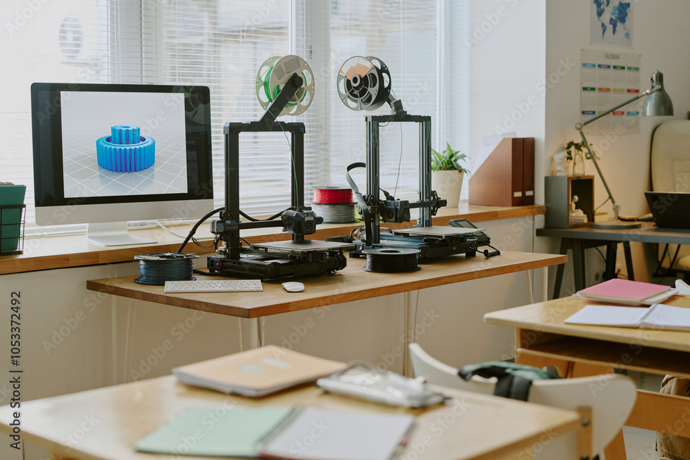 Workspace featuring multiple 3D printers actively creating intricate gears. Bright natural light streaming in through windows highlighting advanced technology Workspace featuring multiple 3D printers actively creating intricate gears. Bright natural light streaming in through windows highlighting advanced technology