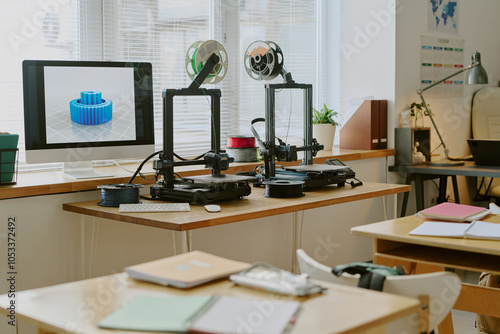 Wallpaper Mural Workspace featuring multiple 3D printers actively creating intricate gears. Bright natural light streaming in through windows highlighting advanced technology Torontodigital.ca