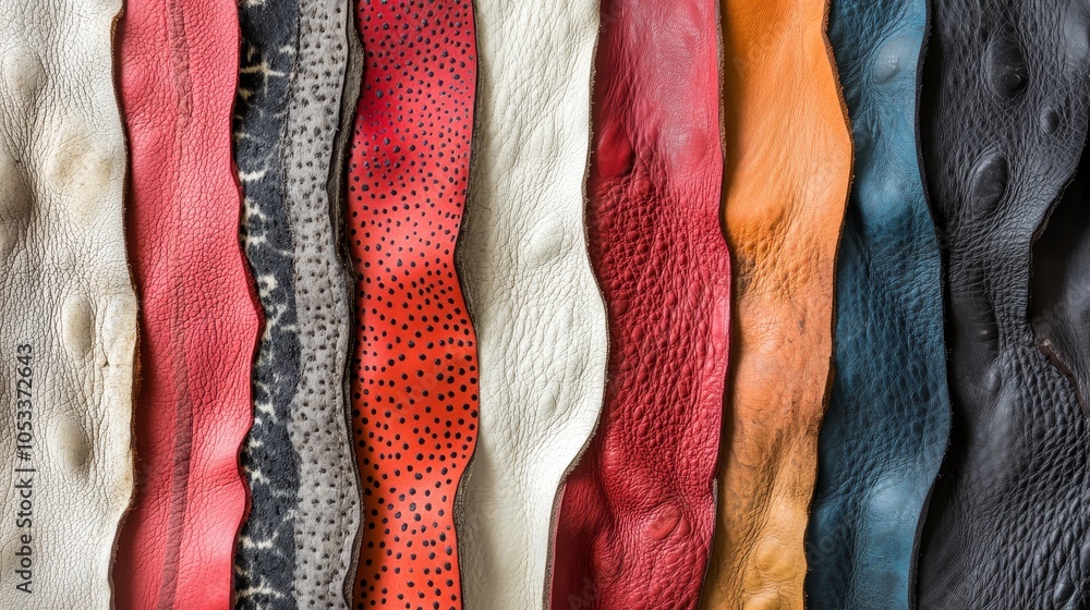 A variety of textured leather pieces in different colors and patterns. A variety of textured leather pieces in different colors and patterns.