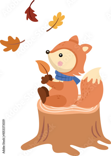Autumn fox playing with leaves on top of tree trunk