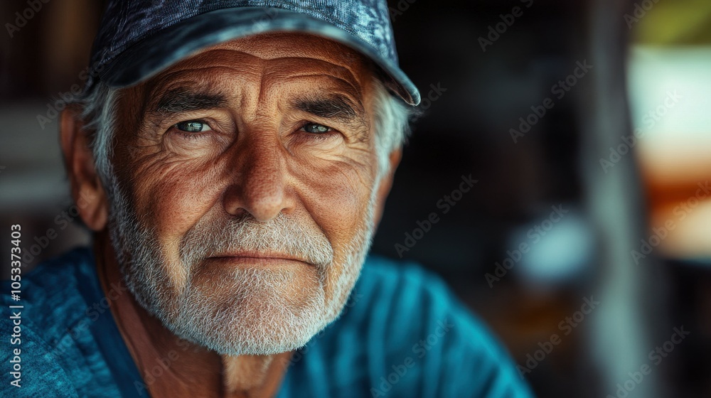 Elderly American man with a baseball cap and a warm expression. Elderly American man with a baseball cap and a warm expression.
