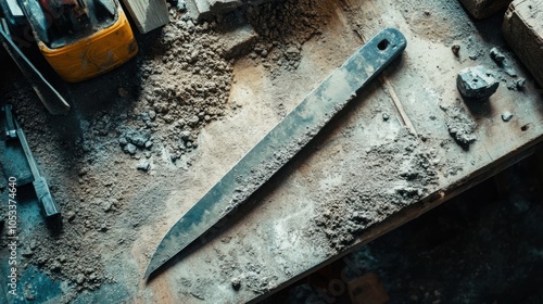 A top-down view of a concrete edger lying on a workbench, with fresh concrete nearby. The focus is on the edger's design and sharpness. photo