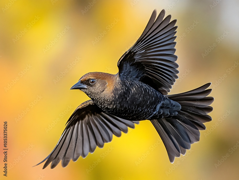 Fototapeta premium Brown-headed Cowbird in Flight with Brown and Black Plumage and Smooth Motion with Soft Natural Blur Background