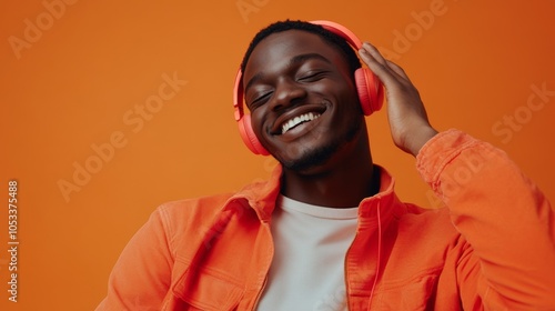 A smiling black person wearing earphones, visibly enjoying the rhythm of music, capturing a moment of joy and personal escape, perfect for relaxed and vibrant lifestyle imagery