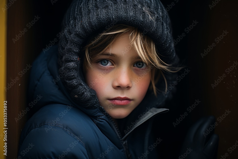 Portrait of a beautiful little girl with blue eyes in a black knitted hat and jacket. Portrait of a beautiful little girl with blue eyes in a black knitted hat and jacket.