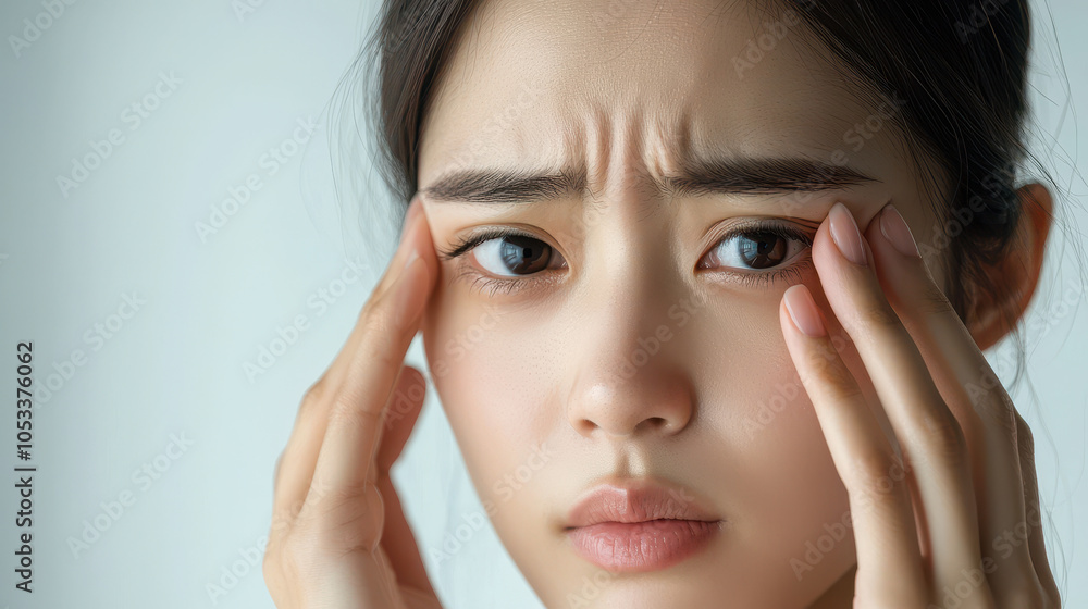 Young woman with furrowed brows showing signs of stress, discomfort or headache with hands on her temples against a light background Young woman with furrowed brows showing signs of stress, discomfort or headache with hands on her temples against a light background