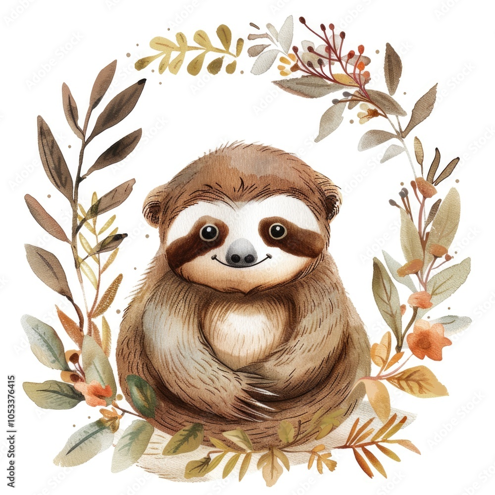 Fototapeta premium Cute Sloth with Floral Crown - Adorable Animal with Flowers Illustration