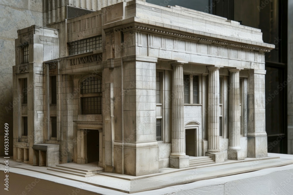 Showing an architectural model of a neoclassical bank building, featuring intricate details and a grand facade Showing an architectural model of a neoclassical bank building, featuring intricate details and a grand facade