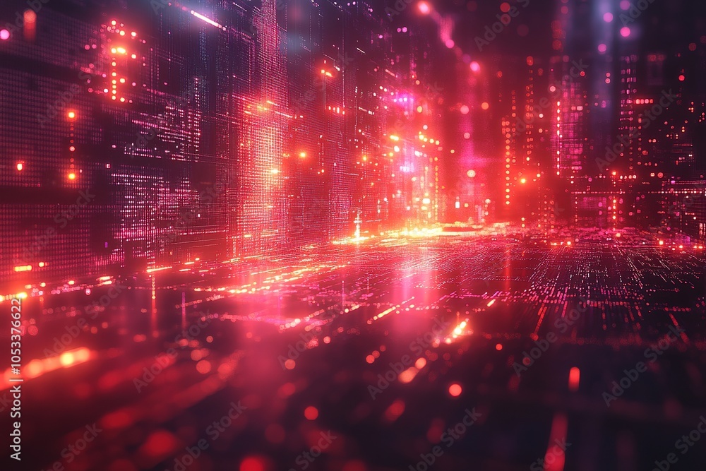 Fototapeta premium Abstract digital city with glowing lights and data streams.