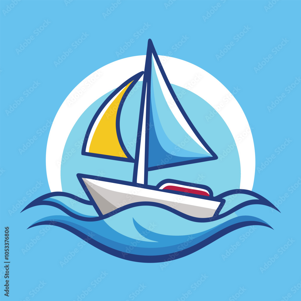Fototapeta premium A cartoon sailboat with a blue and yellow sail glides on blue waves.