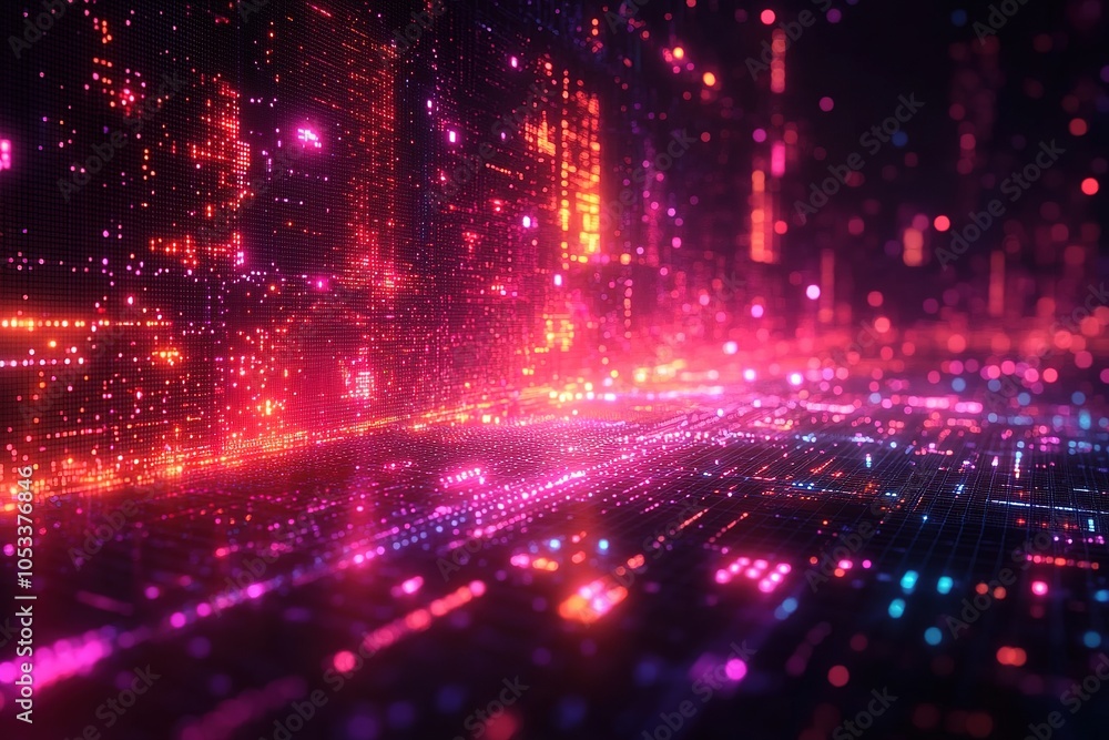 Fototapeta premium Abstract digital city with glowing neon lights and a grid pattern in the foreground.