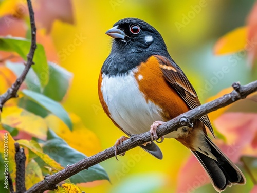 Eastern Towhee Perched on Branch with Striking Black and Orange Plumage with Soft Natural Blur Background photo