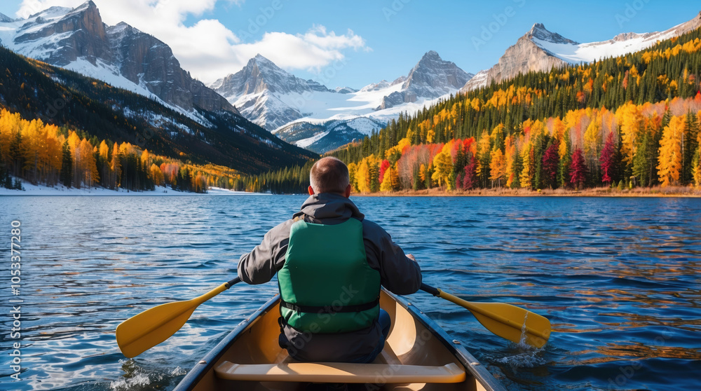 Serene canoeing scene with man paddling in crystal-clear lake surrounded by vibrant autumn foliage and majestic mountain range under clear blue skies. Serene canoeing scene with man paddling in crystal-clear lake surrounded by vibrant autumn foliage and majestic mountain range under clear blue skies.