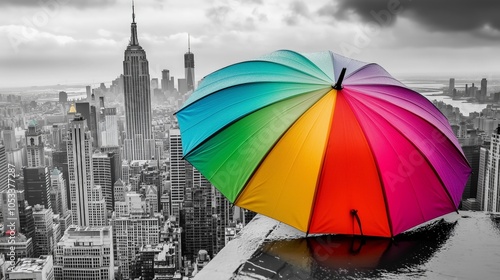 Colorful umbrella stands out black white cityscape vivid rainbow contrast. AI generated