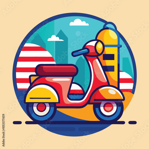 A red scooter with a yellow sidecar is illustrated against a colorful cityscape background.