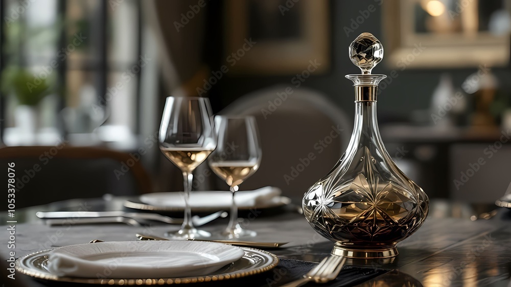 Fototapeta premium Elegant wine decanter with glasses in a sophisticated dining room setting