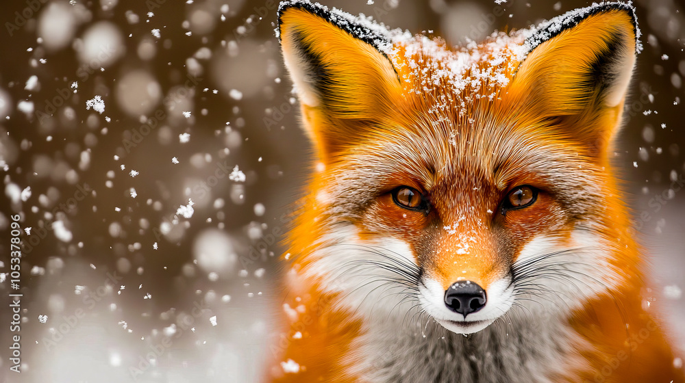 Fototapeta premium Close-up of red fox with vibrant orange fur and captivating gaze in a winter landscape showing beauty of snowy season