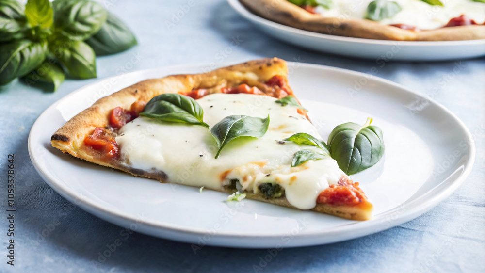 Fresh Pizza Slice with Basil on Pale Background Fresh Pizza Slice with Basil on Pale Background