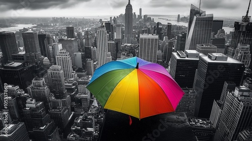 Colorful umbrella stands out black white cityscape vivid rainbow contrast. AI generated