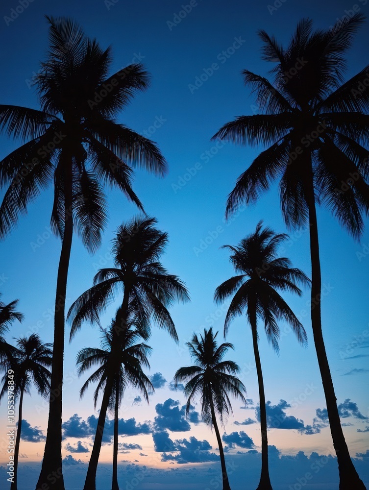 Obraz premium Silhouettes of palm trees against a twilight sky with clouds.