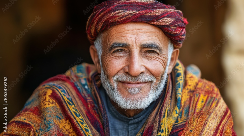 Elderly Moroccan man with a traditional robe and a kind smile. Elderly Moroccan man with a traditional robe and a kind smile.