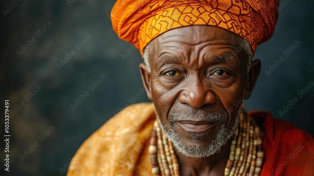 Obraz premium Elderly Nigerian man with traditional attire and a wise expression.